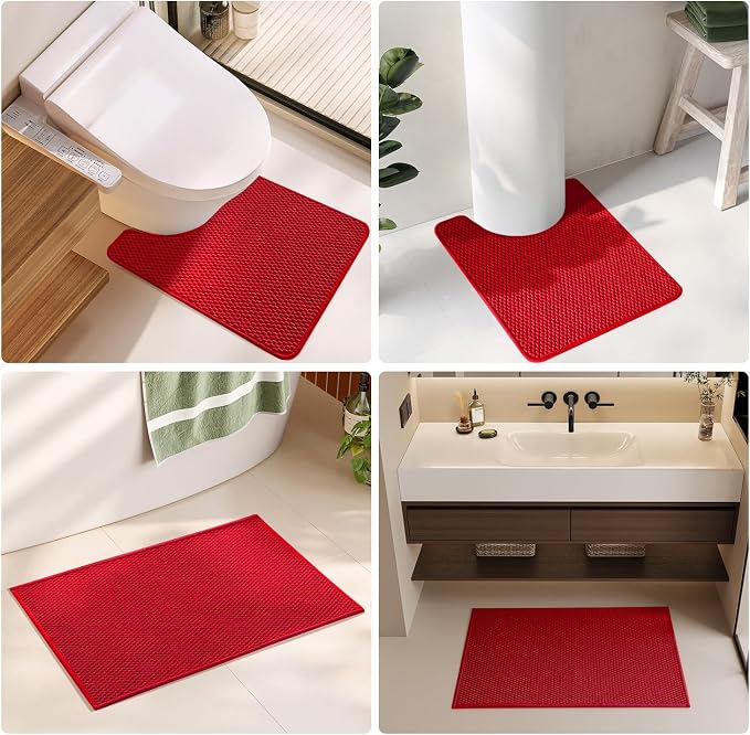 TYUU Christmas Bathroom Runner Rugs, Long Bath Mat Runner Washable Thin Quick Dry Low Pile Bathroom Runner Rugs Non Slip, Red 16"x60"