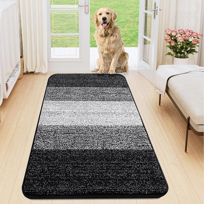 Smiry Dog Door Mat for Muddy Paws, Absorbs Moisture and Dirt, Low-Profile Entryway Mat with Non-Slip Backing, Entry Indoor Outdoor Doormat for Inside Floor (47x17 Inches, Black, Striped)