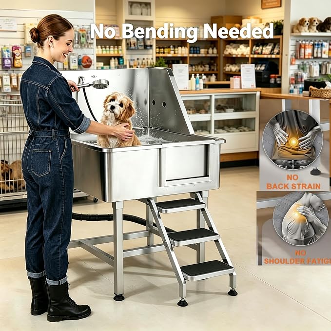 38”Professional Dog Washing Station 304 Stainless Steel Pet Wash Sink & Grooming Bath Tub,with Hot & Cold Faucet,Non-Slip Steps,Shower Head,Fits Medium,Small Dogs and Cats(Right Door)