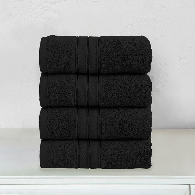 Elegant Comfort Three Line Popcorn Towel Set for Bathroom 16 x 28 inches, Premium Hotel Quality 4-Pack Hand Towels, 100% Turkish Cotton, Soft and Durable, Quick Dry and Highly Absorbent, Black