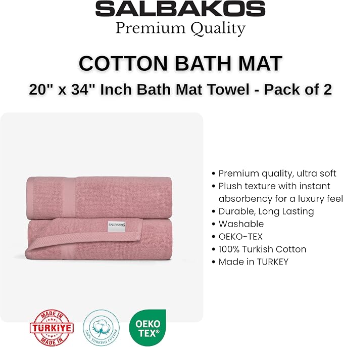 SALBAKOS 100% Turkish Cotton Bath Mat Set 2-Piece - 20x34 inch, Hotel & Spa Collection, Soft, Absorbent, Long Lasting, Durable Bathroom Rugs | Made in Turkey (Rose, 2 Bath Mats)
