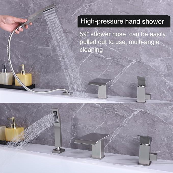 Roman Tub Faucet with Hand Shower, Deck Mount 3 Hole Bath Tub Faucet Set Bathtub Faucet with Handheld Sprayer, Brushed Nickel