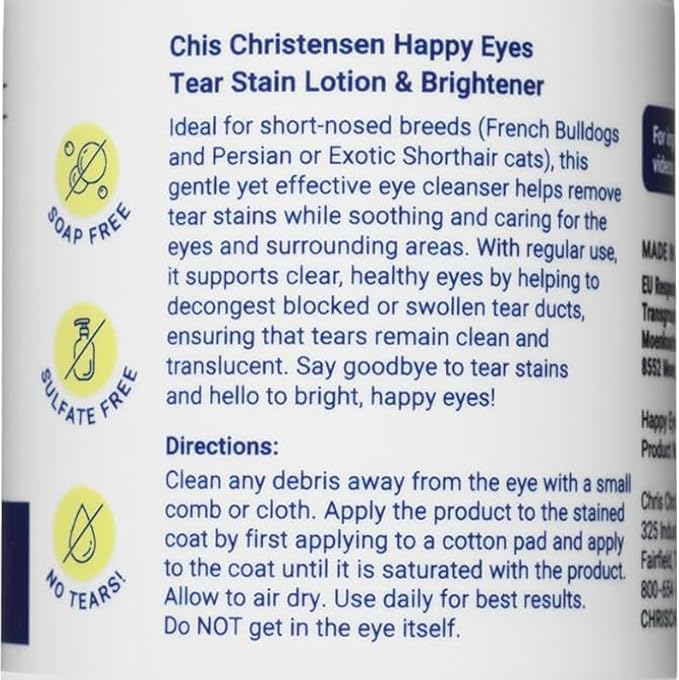 Chris Christensen Happy Eyes Tear Stain Remover Lotion & Brightener, Tear Stain Remover for Short Nosed Dogs, French Bulldogs, Dogs and Cats, Made in USA. 8.5oz