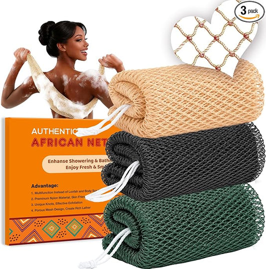 African Net Sponge Authentic, 3 Pcs Exfoliating Net Sponge for Bath, 45 Inch Long Stretch Back Scrubber for Women and Men, Exfoliating Shower Scrubber (Black+Olive Green+Champagne Gold, 3 Packs)