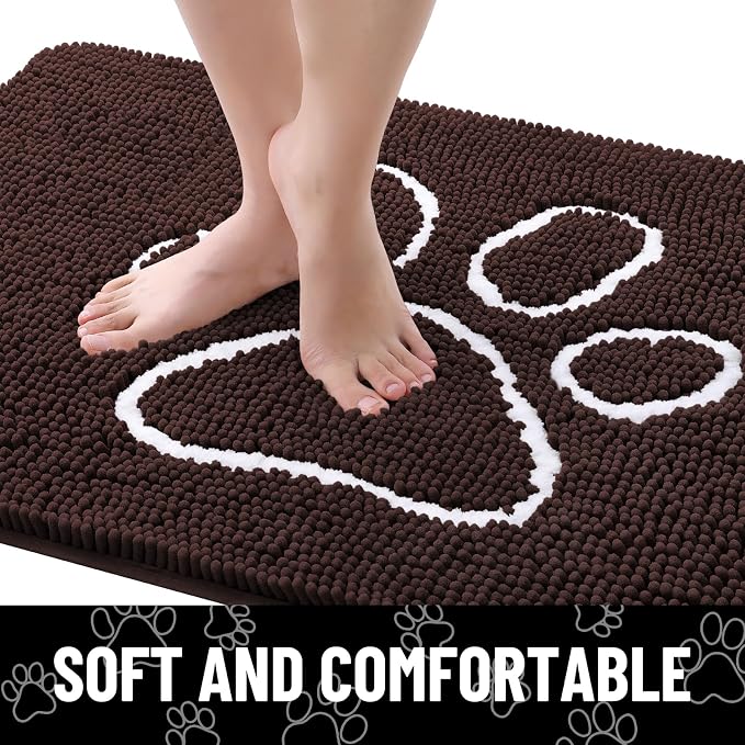 Smiry Dog Door Mat for Muddy Paws, Absorbent Dirt Trapper Non Slip Quick Dry Washable Chenille Mat for Mud Dogs, Entry Rug for Indoor and Outdoor (47x32 Inches, Brown and White)