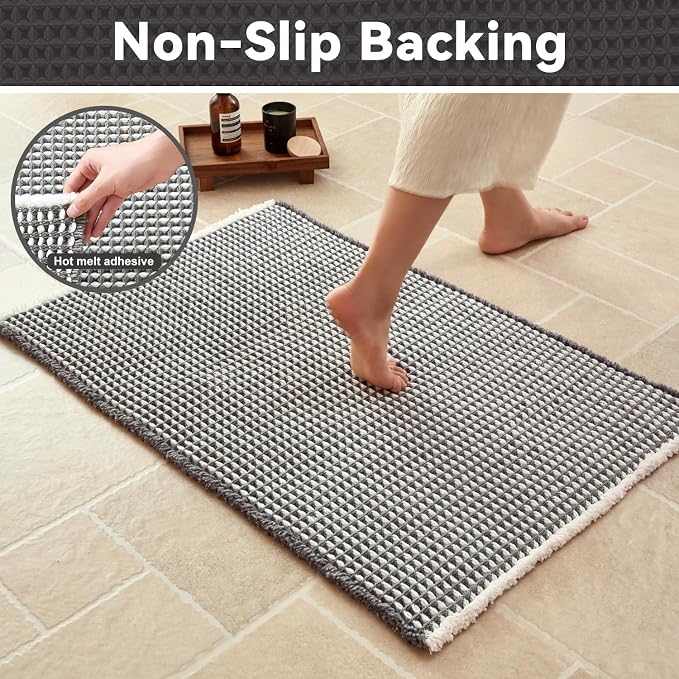 Triohero Waffle Bath Mat, Small Boho Bathroom Rugs Non Slip Washable, Ultra Soft Super Absorbent Quick Dry Farmhouse Bathroom Decor, 16" x 24", Grey & White