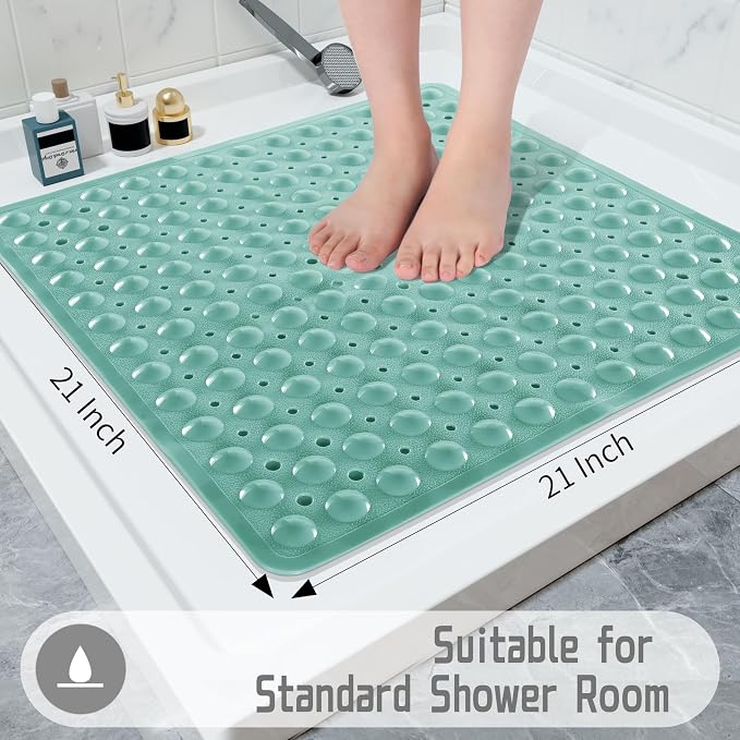 Yimobra Shower Stall Mat Non Slip, 21x21 Inch, Soft Square Bath Mat for Shower with Suction Cups and Drain Holes, Stall Floor Mats for Bathroom, Machine Washable, Bathroom Accessories, MARRS Green