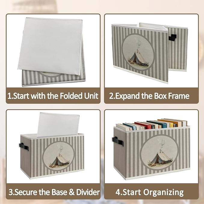 Vintage Camping Foldable Storage Bins Box with Handles, Neutral Striped Camping Camper Collapsible Organizer Basket for Campsite RV Cabin Bedroom Bathroom Clothes Books