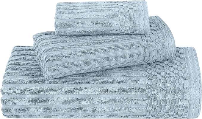 Superior 3 Piece Cotton Towel Set, Includes 1 Bath, 1 Hand, 1 Face Towel/Washcloth, Daily Use for Bathroom, Guest Bath, Quick Dry, Ribbed, Absorbent, Essentials, Soho Collection, Slate Blue