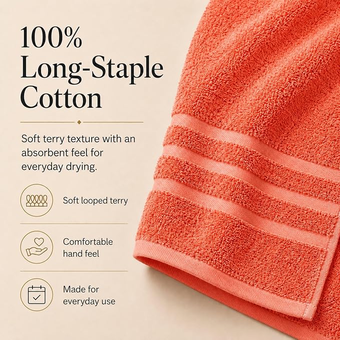 Velqora Bath Towels, 4 Pack, 30x60 in, 100% Cotton, Soft & Absorbent, Coral | Balanced Weight | Everyday Comfort | Easy Care