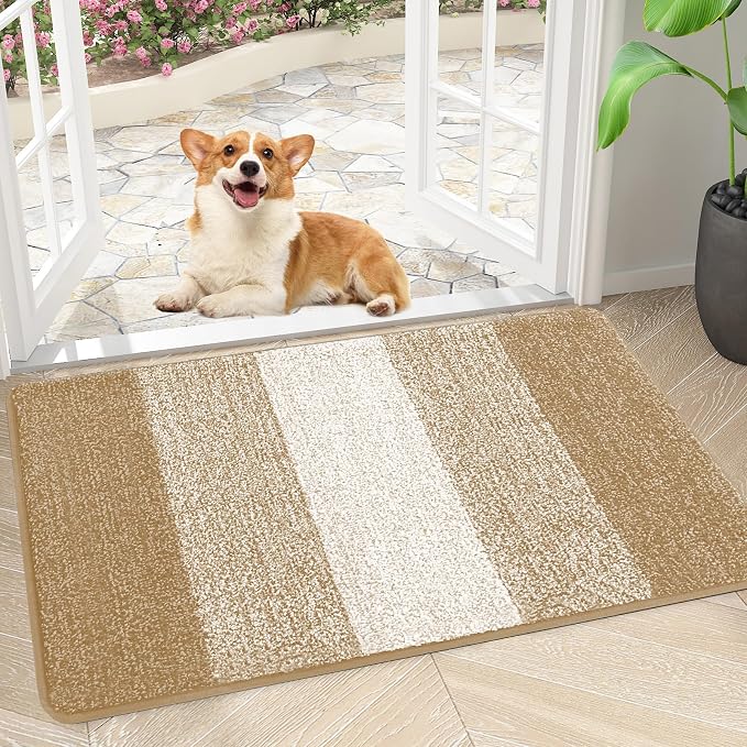 Smiry Dog Door Mat for Muddy Paws, Absorbs Moisture and Dirt, Low-Profile Entryway Mat with Non-Slip Backing, Entry Indoor Outdoor Doormat for Inside Floor (34x21 Inches, Beige, Striped)