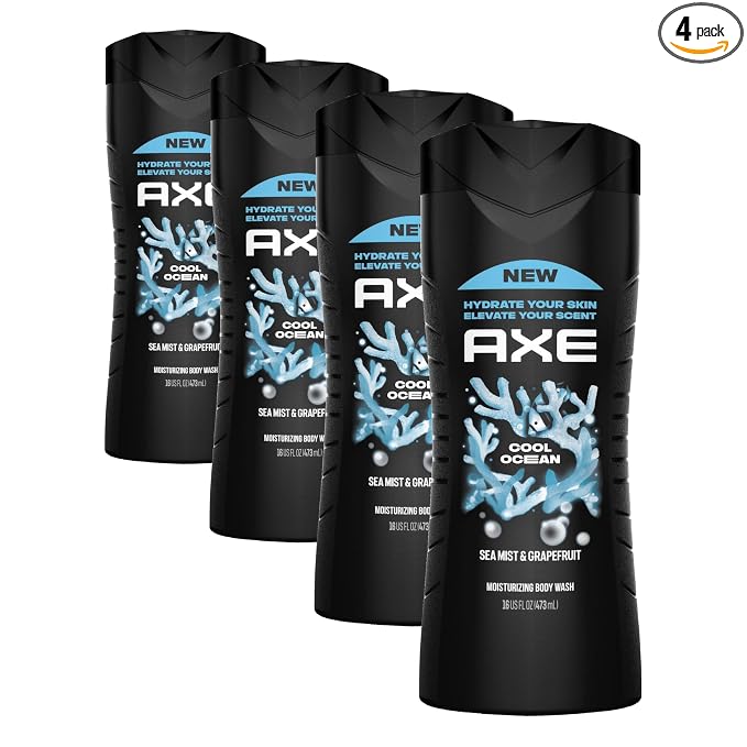 AXE Cool Ocean Men's Body Wash With Essential Oils 12H Refreshing Scent Body Wash For Men,Clean and Fresh Scent 16 oz,(Pack of 4)