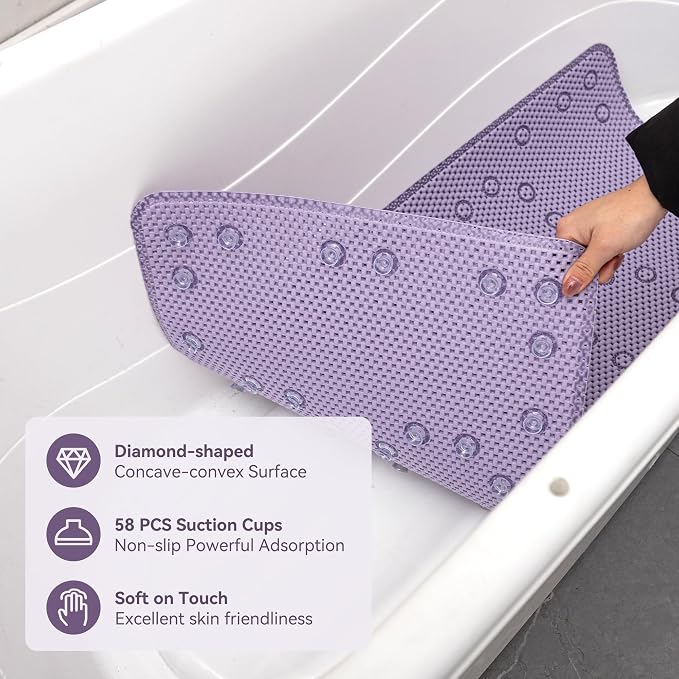 Bathtub Mat Non Slip, Soft Foam Bath Mat for Tub, Bathtub Mat with Drain Holes, Suction Cups Shower Mat (Purple, 36''X17'')