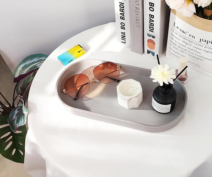 Gray Small Oval Tray (11.8 inch), 3 Pack, Countertop Organizer | for Kitchen Counter, Bathtub Bathroom Vanity Items, Coffee Accessory, Bar, Serving Seasoning, Salt and Pepper, Soap.