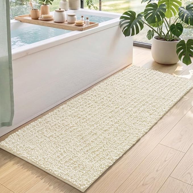 DEXI Bathroom Rugs 60x24, Super Soft Thick Chenille Absorbent Bath Mat, Non Slip Machine Washable Fluffy Shag Bathmat for Tub, Shower Floor, Ivory