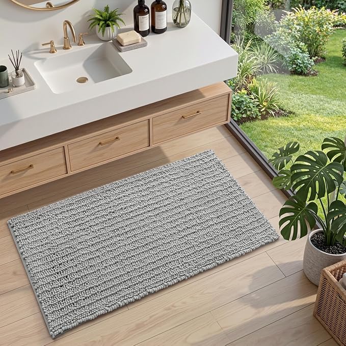 DEXI Bathroom Rugs 36x24, Super Soft Thick Chenille Absorbent Bath Mat, Non Slip Machine Washable Fluffy Shag Bathmat for Tub, Shower Floor, Light Grey