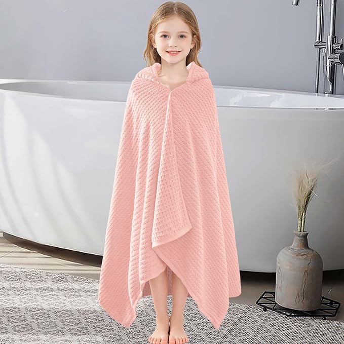 VOOVA & MOVAS Hooded Bath Towels for Kids | Soft Absorbent 100% Cotton Thick Towel Wrap | Versatile Beach, Pool, Swim & Bath Cover-Up | Light Pink Solid Waffle