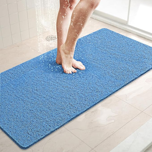LuxStep Shower Mat Bathtub Mat,40x16 inch, Non-Slip Bath Mat with Drain, Quick Drying PVC Loofah Bathmat for Tub,Shower,Bathroom,Lake Blue