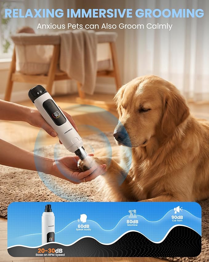 Dog Nail Grinder,25dB Silent Groom Pro Pet Nail Grinder White | New LCD Display 6 Adjustable Speeds 1.5H Fast Charge Dual LED Safe Lights | 50% More Power Painless Cat Nail Grinding