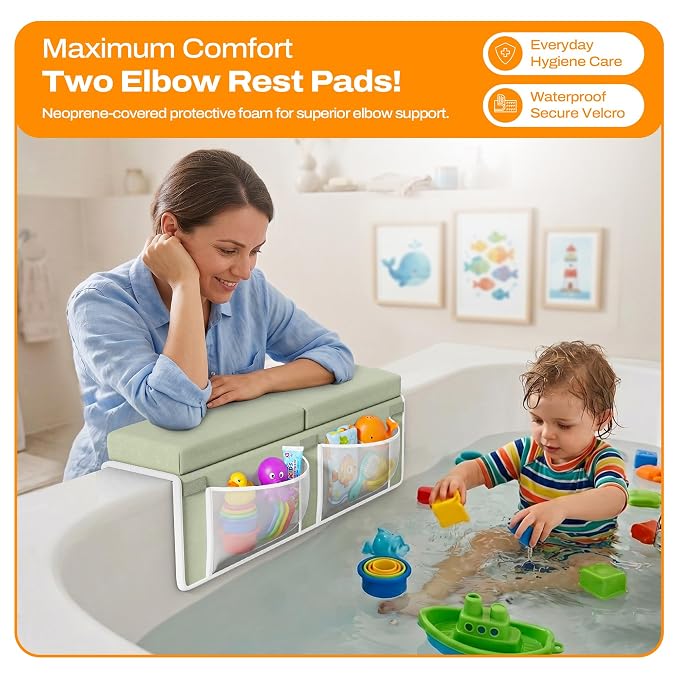 Bath Kneeler and Elbow Rest Pad Set-Baby Bath Kneeler with 1.5'' Comfortable Thick Memory Foam, Non-Slip Knee & Arm Support for Baby Bath Time,Foldable Bath Mat for Baby Storage Pockets (Green)