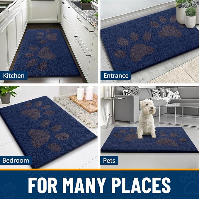 Smiry Dog Door Mat for Muddy Paws, Absorbs Moisture and Dirt, Low-Profile Entryway Mat with Non-Slip Backing, Entry Indoor Outdoor Doormat for Inside Floor (47x24 Inches, Navy Blue, Paw)
