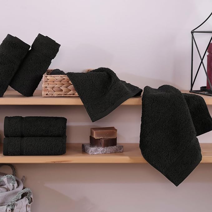 Hawmam Linen Luxury Cotton Washcloths 13x13 Inch - Large Hotel Spa Bathroom Face Towel | 12 Pack | Black