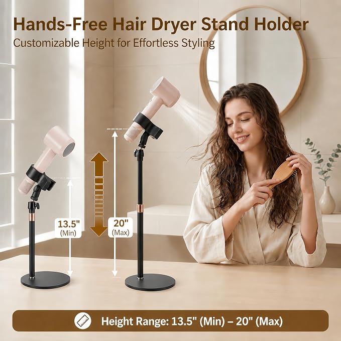 Hair Dryer Stand Holder, Hands-Free Adjustable Countertop Stand, Stable Round Base, 360° Rotating Ball Joint, Fits Most Hair Dryers, Black