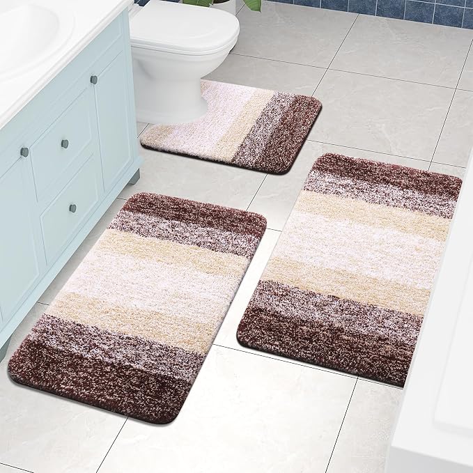Arotive Microfiber Bathroom Rugs, Shaggy Soft and Absorbent Contour Toilet Rugs, Thick Plush Machine Washable Dry Bath Mats for Toilet Base, 24x20, Brown, U-Shape