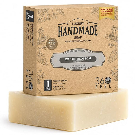 360Feel Clean cotton Soap 5 oz Castile Handmade Soaps -Refreshing Spring scent- Essential Oil Natural Mans Soap bar- Anniversary Wedding Gifts- Made in USA-Gift ready Cotton Blossom