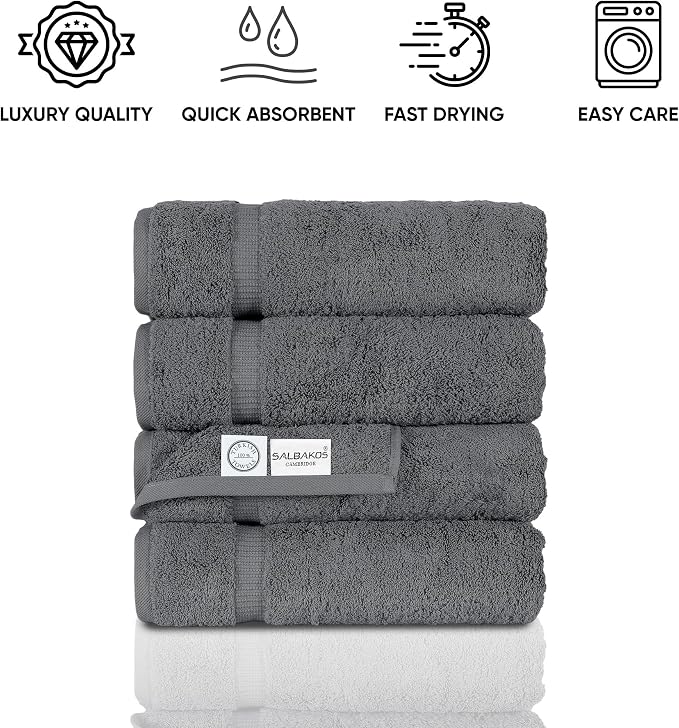 SALBAKOS 100% Turkish Cotton Bath Towels | 4 Piece Turkish Bath Towels Gray 27x54 Standard Size | Premium Hotel Quality, Super Absorbent, Thick, Plush Turkish Towel - Made in Turkey (Gray Pack of 4)