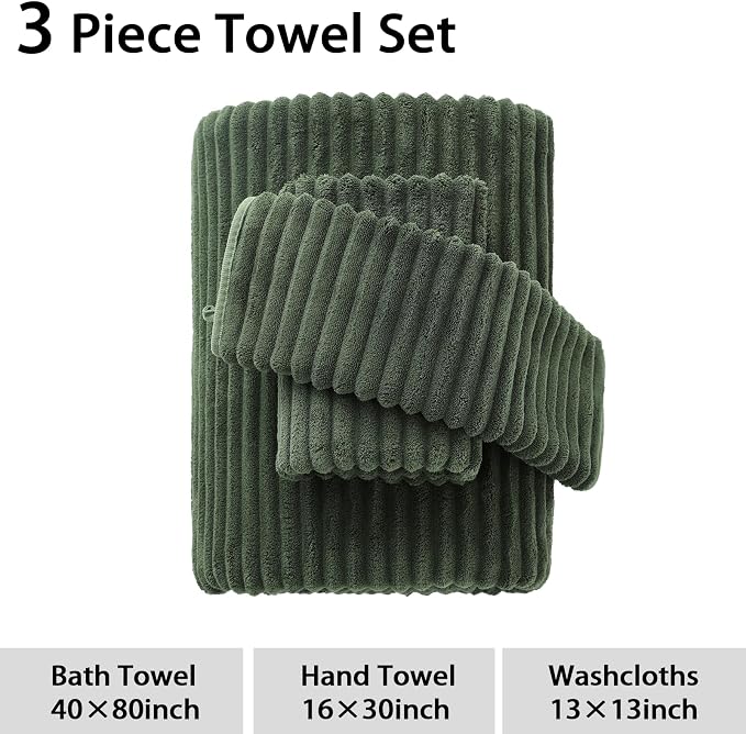 3 Piece Bath Towel Set, 40"x80" Bath Sheets,Olive Green | 1Bath towels 1Hand towels 1Washcloths，Microfibers，Extra-large size，Big and Tall users，Quick dry，Highly Absorbent