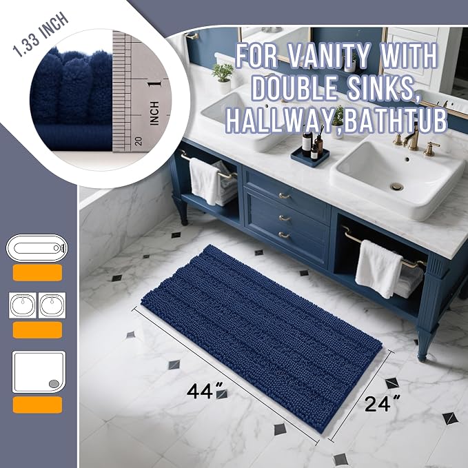 Yimobra Bathroom Rug Mat 44 x 24, Non Slip and Super Absorbent Bath Mat,Machine Washable Quick Dry,Ultra Plush Chenille Shower Rugs for Bathroom Floor Sink Tub and Shower Outside,Navy Blue