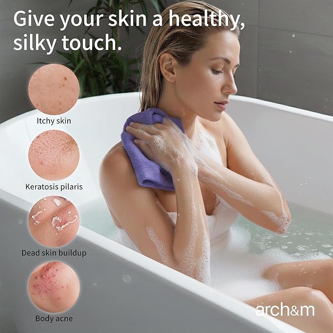 ARCH&M Exfoliating Washcloth & Body Scrubber, Orange, 3 Pack | Japanese Beauty Cloth, Nylon, Deep Cleansing, Back Exfoliation, For Shower Daily Use