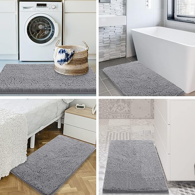 Smiry Luxury Chenille Bathroom Rugs 44x24, Extra Soft and Absorbent Shaggy Bath Mat, Machine Washable, Non-Slip Plush Carpet Runner for Tub, Shower, and Floor, Home Decor Accessories, Light Grey