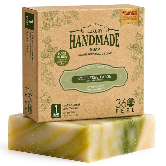 360Feel Cool Fresh Aloe Soap - Made in The USA - Castile Handmade, All-Natural Cold-Processed - Infused with Aloe Vera for Refreshing Cleanse and Creamy Rich Lather (5 oz)