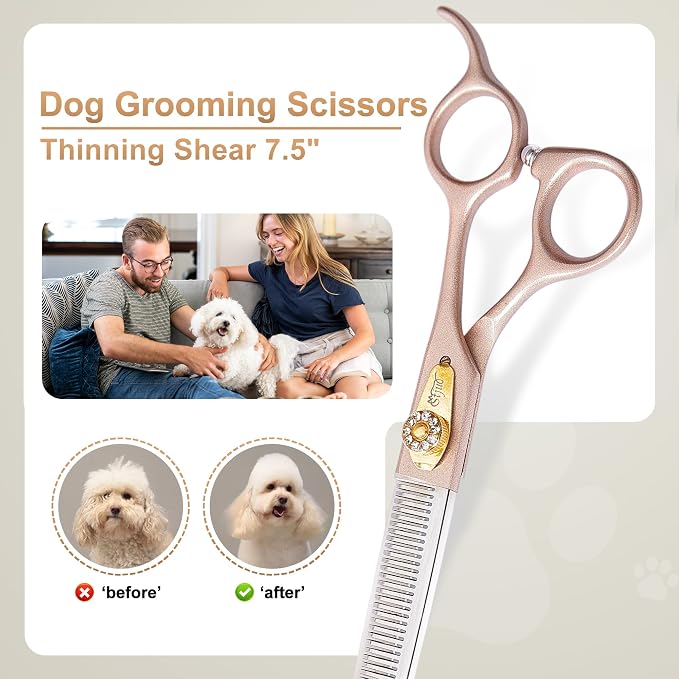 Professional Dog Grooming Scissors Rose Gold 440C Stainless Steel Straight Thinning Curved Chunker Shears for Pet Grooming Services Dogs and Cats (Thinning, 7.5‘’)