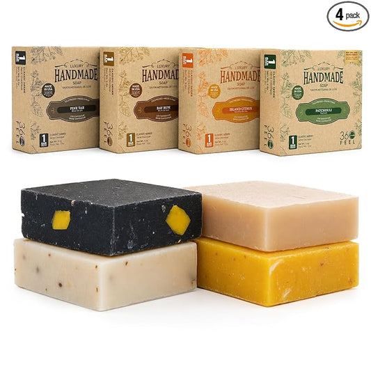 360Feel Mens Bar Soap - Made in the USA - Castile Handmade All Natural Cold Processed - Gentle on Sensitive Skin - 4 Bold Masculine Scents: Bay Rum, Pine Tar, Patchouli & Island Citrus (5oz, 4-Pack)