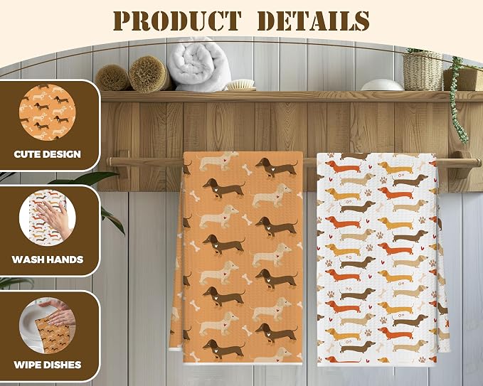 Kitchen Towels Set of 2, Filled with Dachshund Dish Towel for Kitchen, Decorative Hand Towels for Bathroom, Fast Drying Tea Towel, Housewarming Gifts for Wiener Dog Lover Women Mom -B04