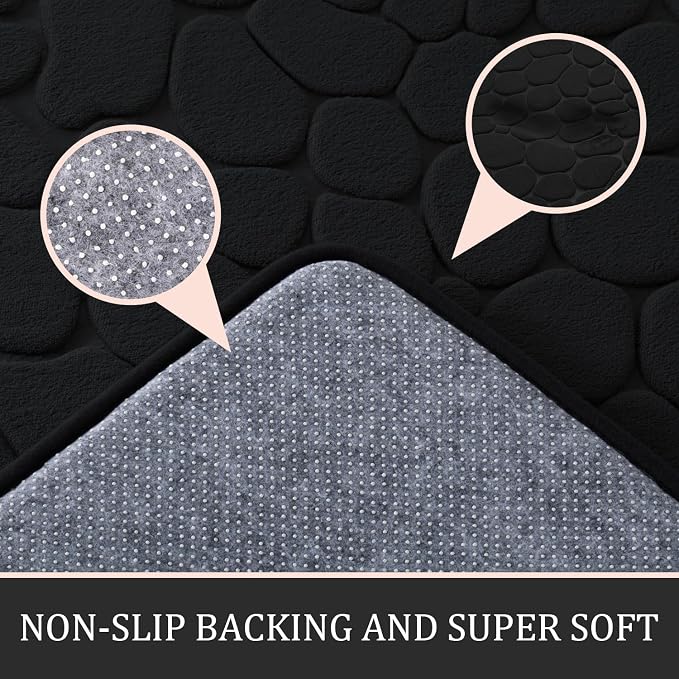 YIHOUSE Bathroom Rugs Mat Set, Memory Foam Bath Mat 3 Piece Black | U Shape+Small Mat, Non Slip, Water Absorbent, Washable, Bath Mat For Bathroom, Sink and Toilet