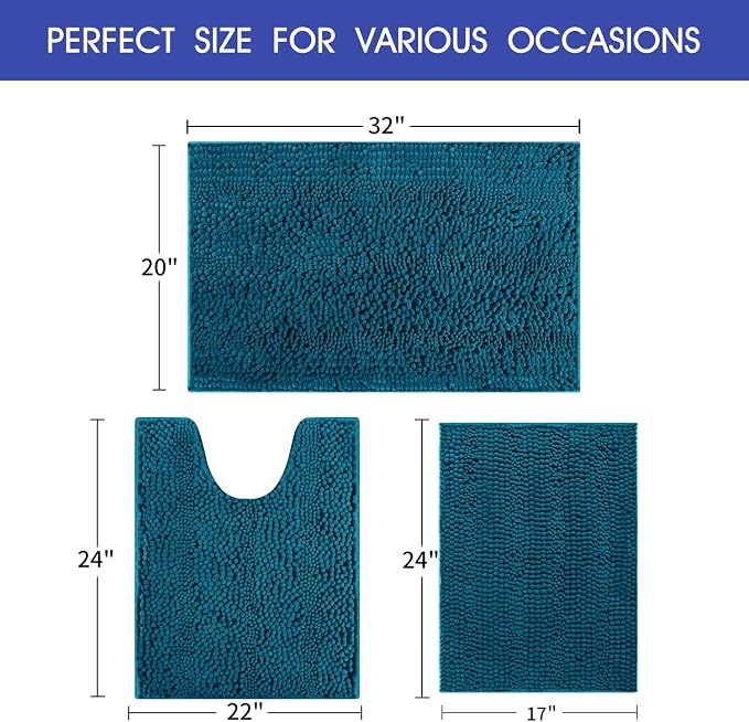 ACCUMTEK Comfydew Striped Teal Blue Bathroom Rug Set 3 Pieces Ultra Soft, Non Slip Chenille Toilet Mat, Absorbent Plush Shaggy Bath Mats for Bathroom, Bedroom, Kitchen