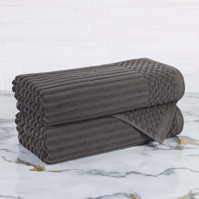 Cotton 2-Piece Solid and Ribbed Bath Towel Set, Bath Towels- 27" x 54", Charcoal by Superior