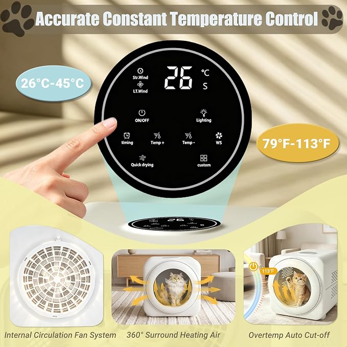 Automatic Pet Dryer Box, 360° Airflow Cat Dryer, Ultra Quiet, Temperature Control, Adjustable Wind Speed, 3 Million Negative Ions, 65L Large Capacity for Cats & Small Dogs