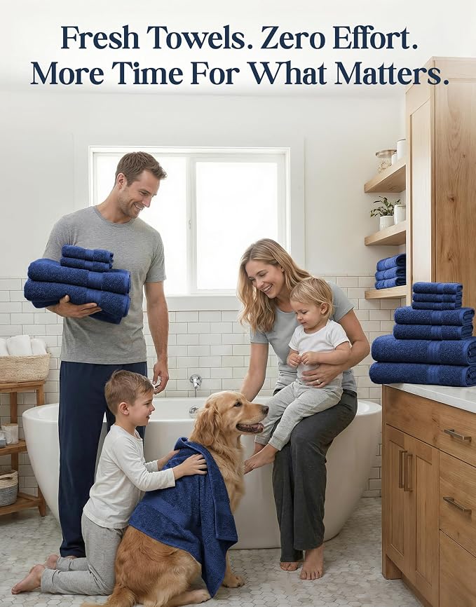LANE LINEN 24 PCs Bath Towel Set - 2 Bath Sheets, 4 Bath Towels, 4 Fingertip, 8 Washcloths, 6 Hand Towels - 100% Ring Spun Cotton - Highly Absorbent Towels for Bathroom, Gym, Hotel & Spa - Navy Blue