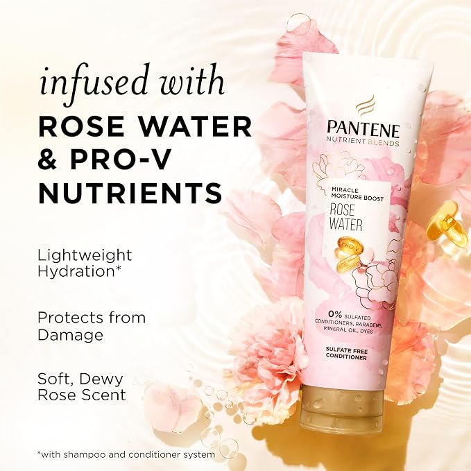 Pantene Nutrient Blends Miracle Moisture Boost Rose Water Shampoo & Conditioner Dual Pack for Dry Hair, Sulfate Free (Pack of 4)