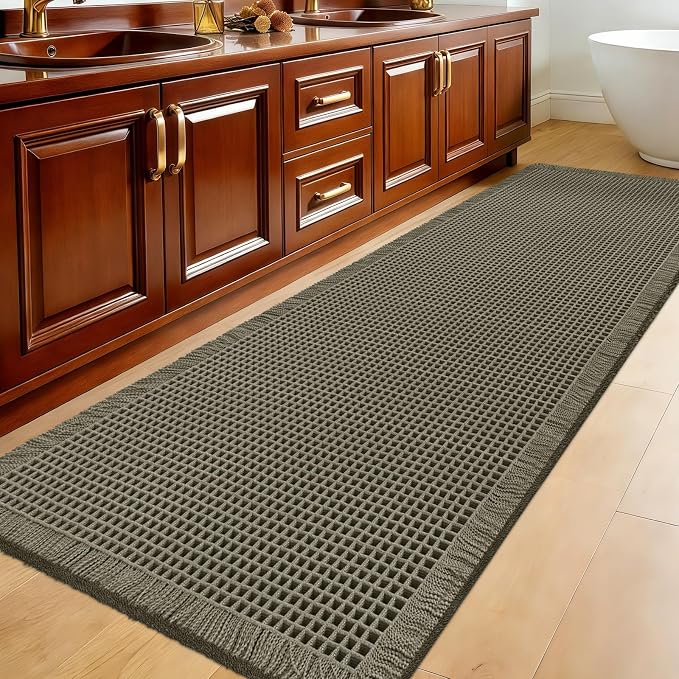Extra Large Waffle Bath Mat, 5'x2' Greyish Green, Super Absorbent Non-Slip Quick Dry Bathroom Rugs with Tassels, Machine Washable Ultra Soft Boho Bath Rugs for Floor, Toilet Mats Boho Farmhouse Decor