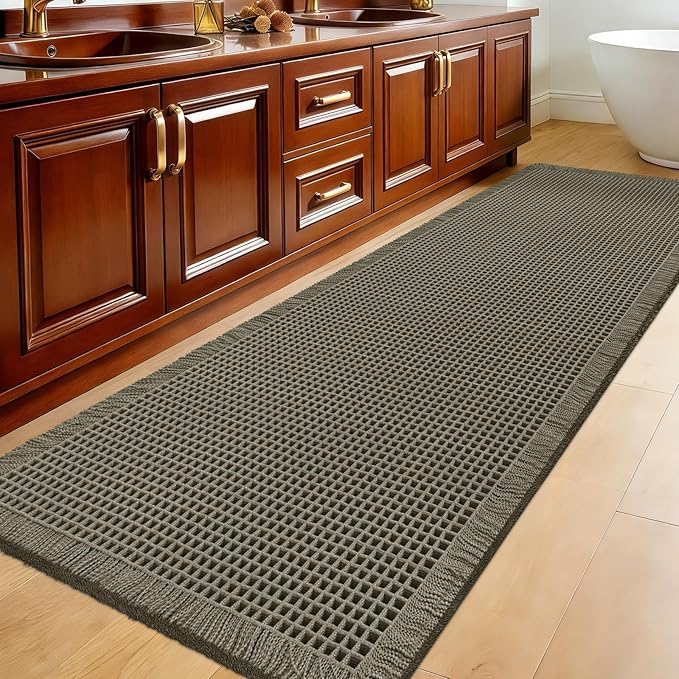 Extra Large Waffle Bath Mat, 6'x2' Greyish Green, Super Absorbent Non-Slip Quick Dry Bathroom Rugs with Tassels, Machine Washable Ultra Soft Boho Bath Rugs for Floor, Toilet Mats Boho Farmhouse Decor