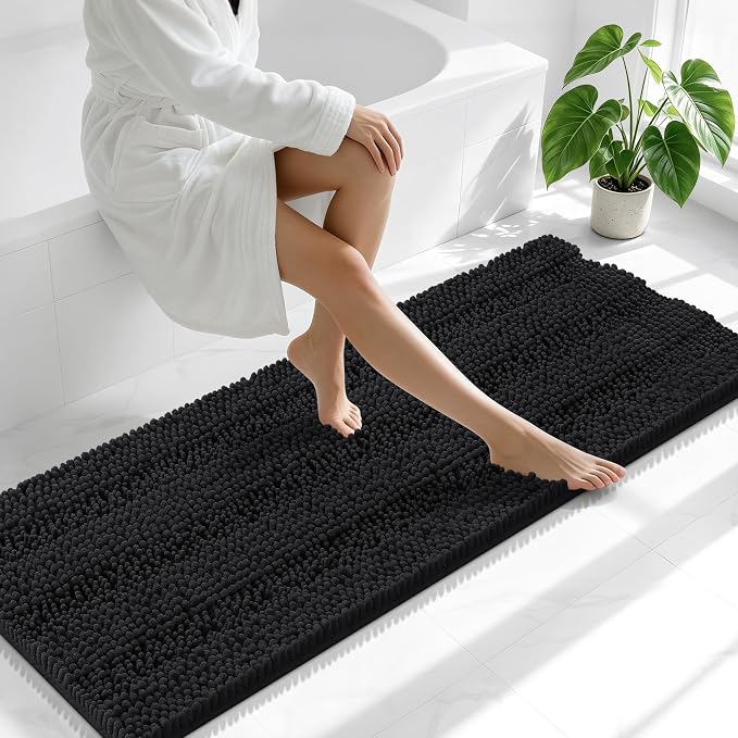 Smiry Thick Chenille Bathroom Runner Rugs 59x20, Absorbent Striped Bath Mat, Machine Washable, Rubber Backing, Extra Long Bath Rugs for Tub & Shower, Modern Home Decor Accessories, Black