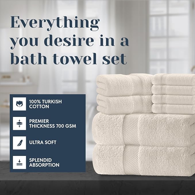 White Classic Luxury Bath Towel Set of 8 Pieces - 100% Turkish Cotton Highly Absorbent Towels for Bathroom, 2 Luxury Bath Towels 700GSM, 2 Hand Towels, 4 Washcloths, Ivory