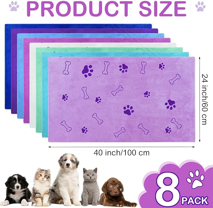Chumia 8 Pcs Microfiber Dog Towels for Drying Dogs Cats 40 x 24 Inch Pet Towels Bulk for Large Puppy Absorbent Fast Drying Paw Bath Bathing Supplies for Pets(Dog Paw and Bone,Classic Color)