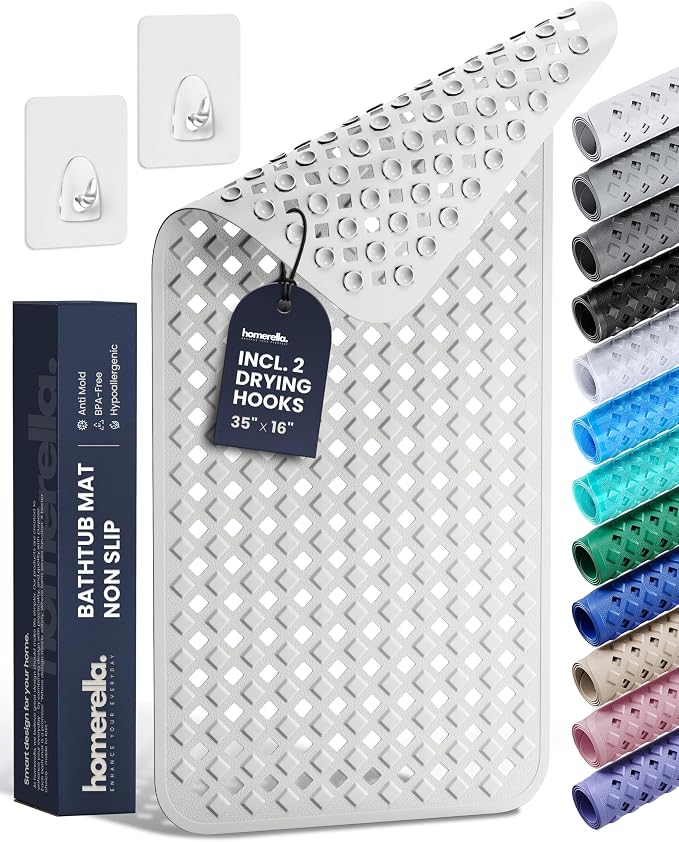 Bathtub Mat Non Slip 35x16 - homerella® Bath Mat Incl. Hooks for Drying, Extra Long, 100% BPA Free, Shower Mat Non Slip Anti Mold, Machine Washable, Shower Mats for Inside Shower Mildew Resistant